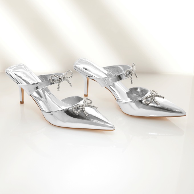 Azalea Wang Charlotte Rhinestone-Bow Mule in Shiny Metallic Faux Patent Leather, , large