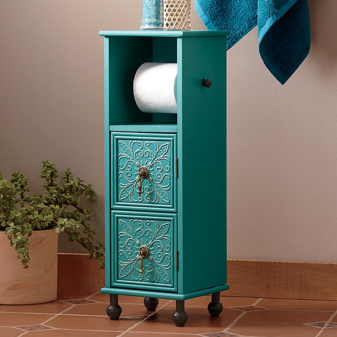 Embossed Floral Bathroom Toilet Paper Stand, Teal, large