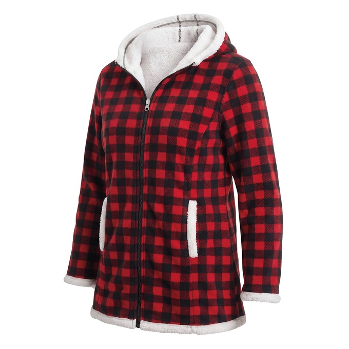 Women's Microfleece Zip-Front Coat with Faux-Sherpa Lining and Hood, , large