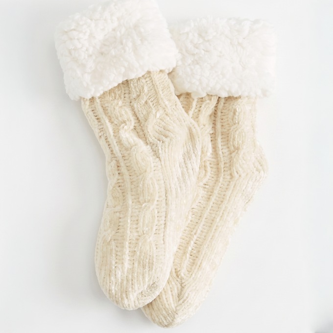 Crazy Soft Chenille Slipper Socks, Cream, large