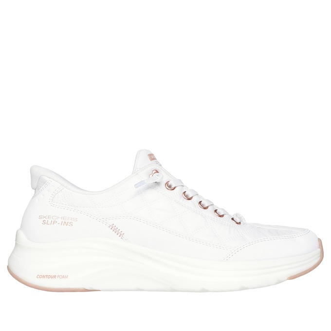 Skechers Women's Slip-Ins Contour Foam Golden Hour Shoe with No-Tie Bungee Laces, White Rose Gold, large