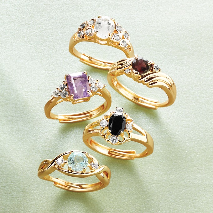 Gemstone 5-Piece Adjustable Ring Set, Goldtone, large