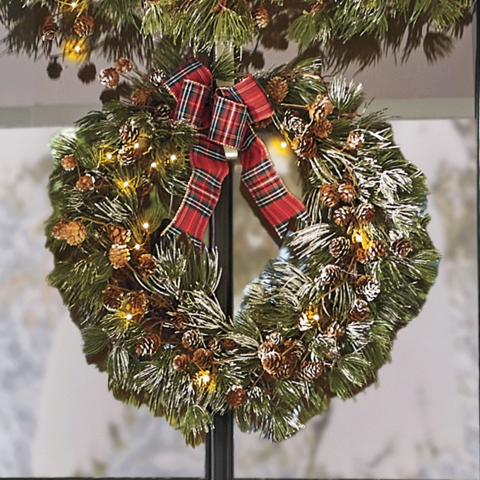 Lit Frosted Garland and Wreath with Pinecones and Bow, , large
