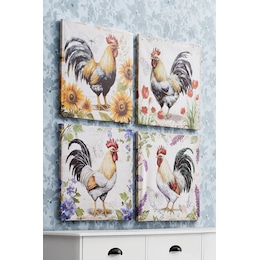 Set of 4 Floral Rooster Wall Art, , large
