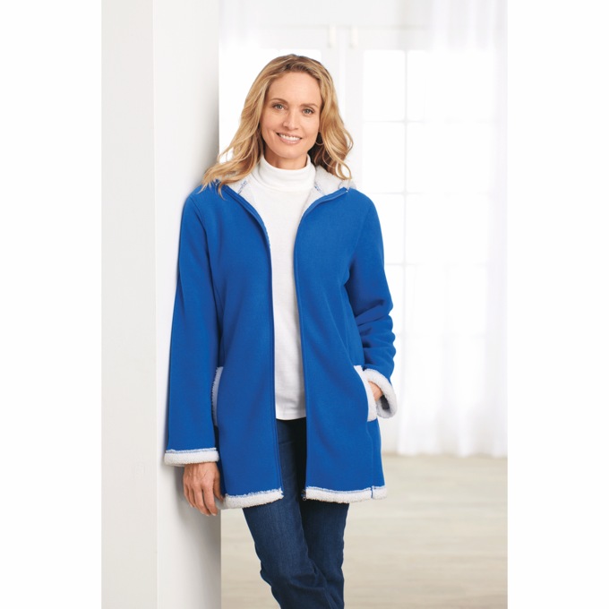 Women's Microfleece Zip-Front Coat with Faux-Sherpa Lining and Hood, , large