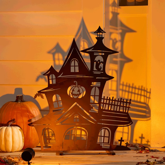 Silhouette Haunted House with LED Spotlight, , large