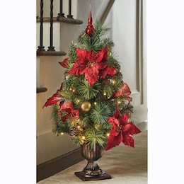 Lit Poinsettia Christmas Tree, , large