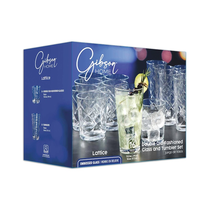 Gibson Home Great Foundations 16-Piece Lattice Double Old-Fashioned Glass and Tumbler Set, , large