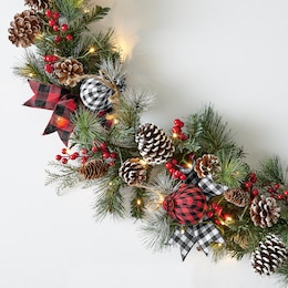 Plaid Ribbon and Pinecone Garland, , large