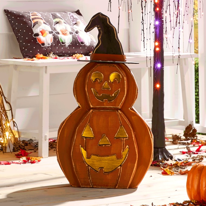 Chunky Wood Lit Pumpkin, , large