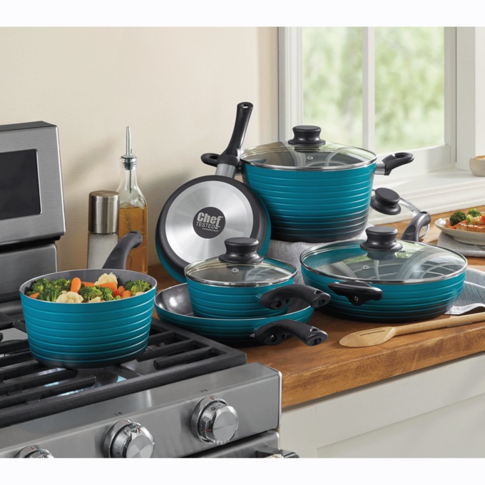 Chef Tested 10-Piece 2-Tone Ribbed Cookware Set, Teal Black, large
