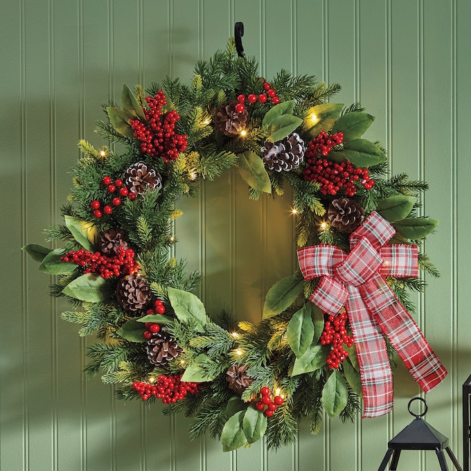 Lit Pinecone and Berry Christmas Wreath, Multi, large