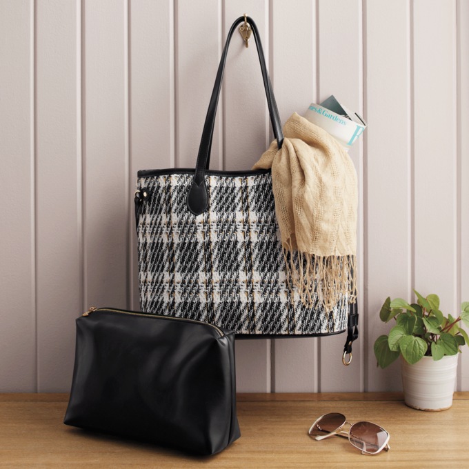 Plaid Tote with Pouch, Black White Plaid, large