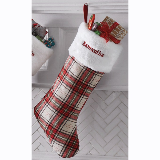 Tartan Plaid Christmas Stocking, White, large