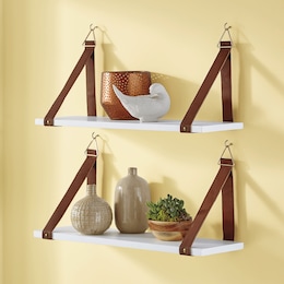 Set of 2 Shelves with Faux-Leather Straps, , large
