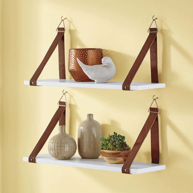 Set of 2 Shelves with Faux-Leather Straps, , large