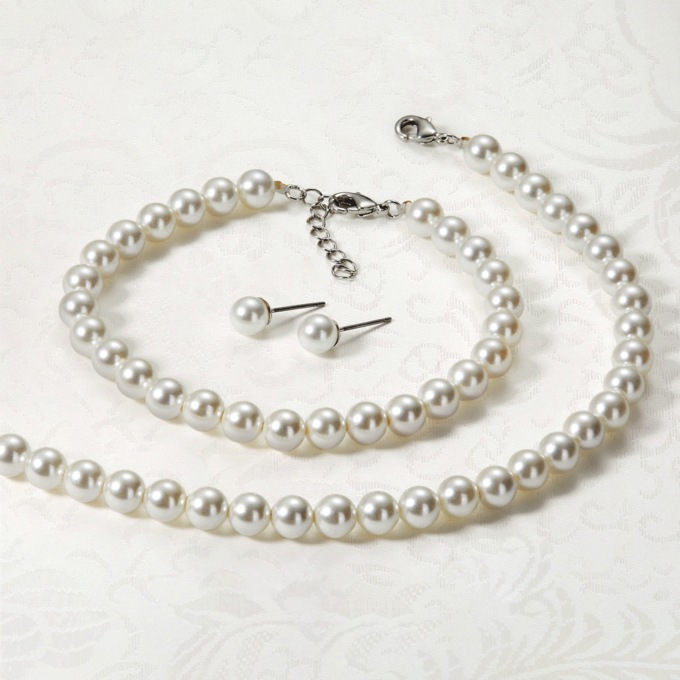 Faux Pearl Necklace, Bracelet and Earrings, White, large