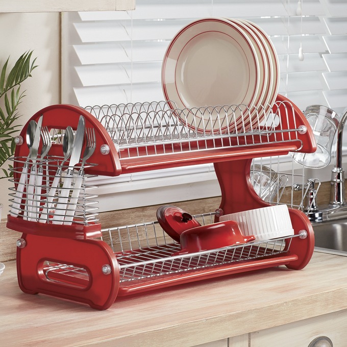 Kitchen Details Medium Dish Rack with Tray | Dimensions: 18.11 x 11.02 x  3.45 | 12 Plate | Kitchen | Plastic | Cutlery Basket | Silver | Sink