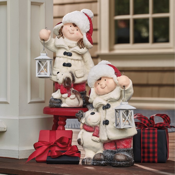 Set of 2 Holiday Boy and Girl with Lantern Figurine, , large