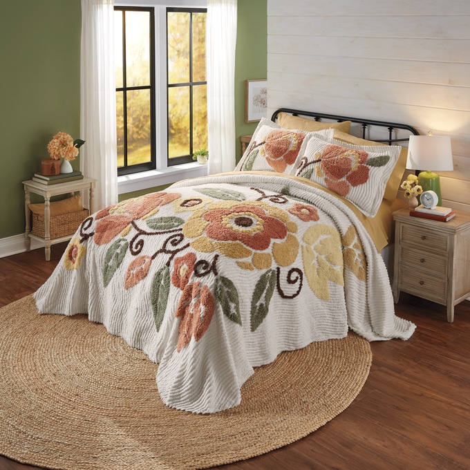Autumnal Floral Chenille Bedspread, , large