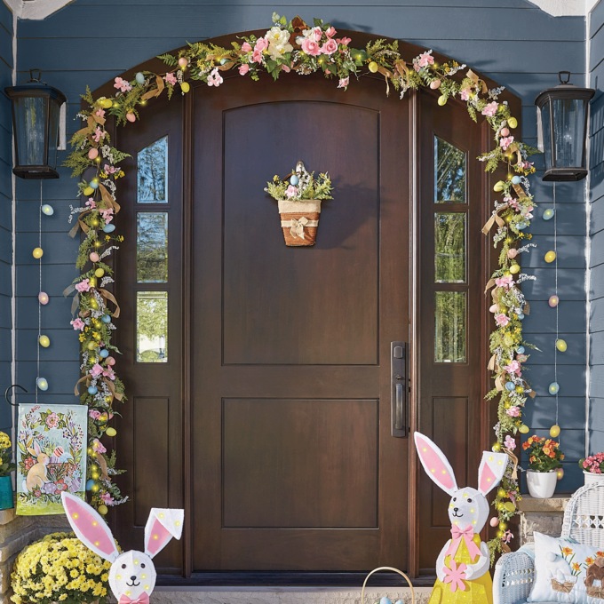 Lit Easter Floral And Burlap Hanging Basket And Garland, , large