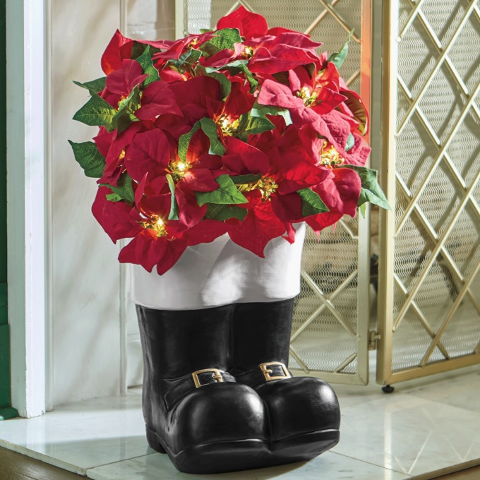 Lit Poinsettia in Santa Boots, , large