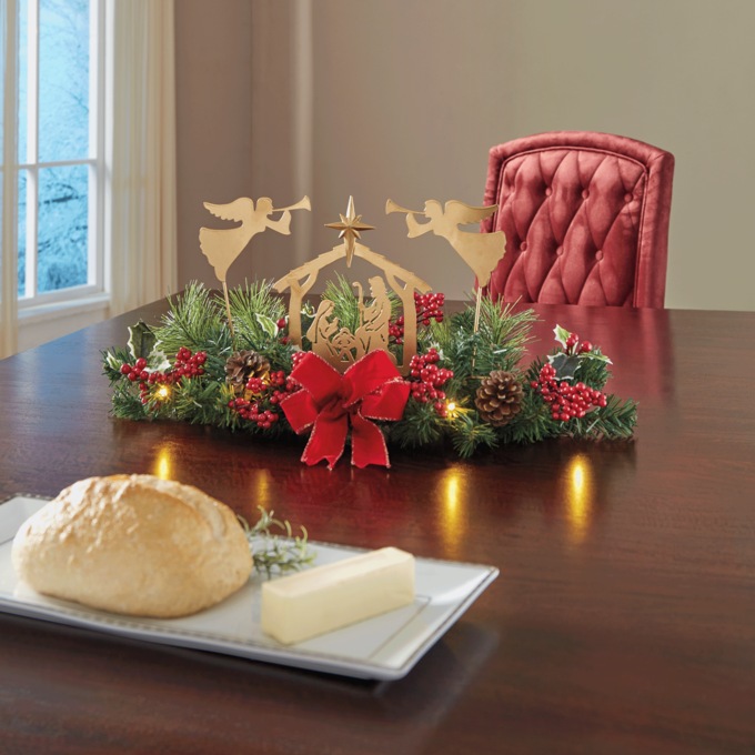Lit Poinsettia Holy Family Tabletop Décor, , large