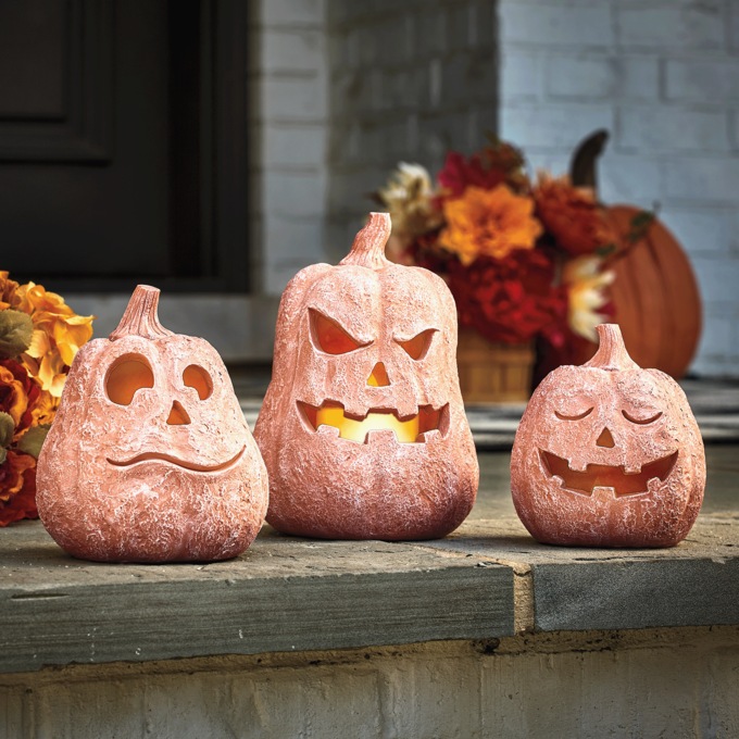 Set of 3 Lit Jack-O-Lanterns, Terracotta, large