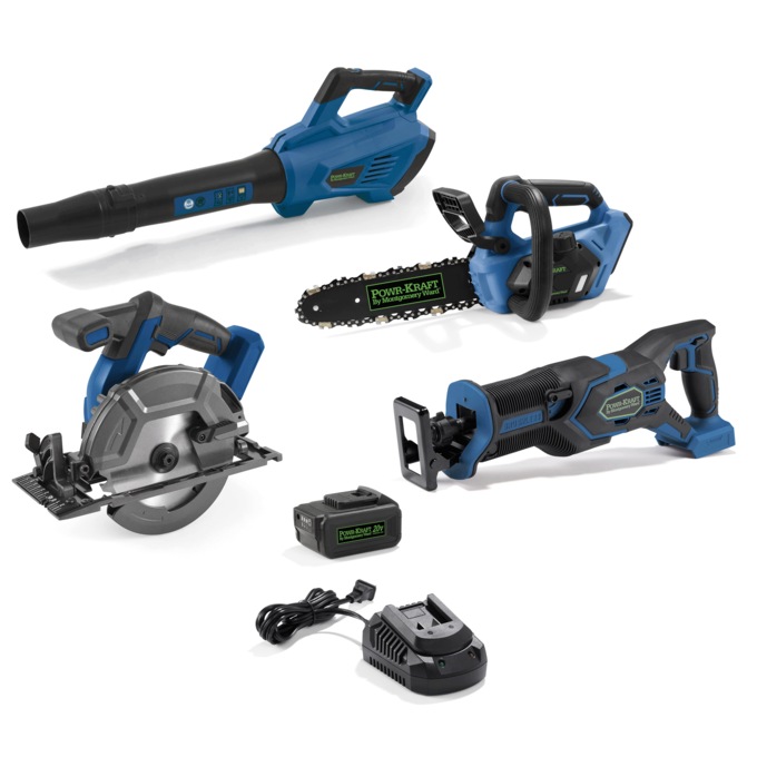 Buy All and Save Pack: Powr-Kraft 20V Blower, Circular Saw, Reciprocating Saw, Chainsaw with 4.0Ah Lithium-Ion Battery & Charger by Montgomery Ward, , large
