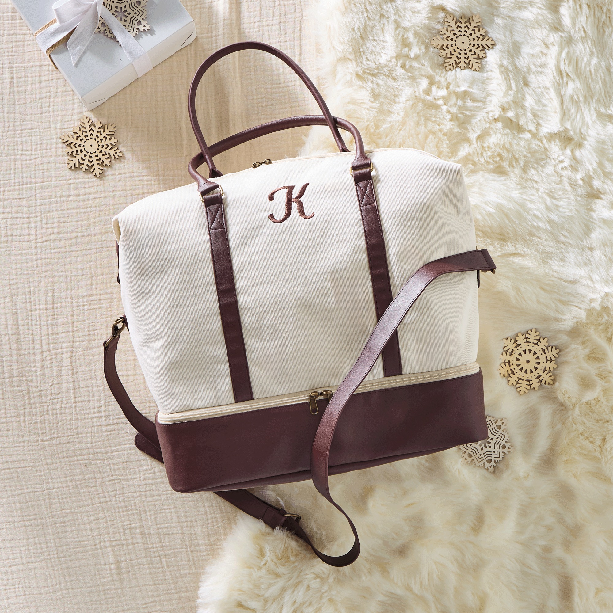 Corduroy Duffel Bag, Polyester, Faux Leather Straps, , large