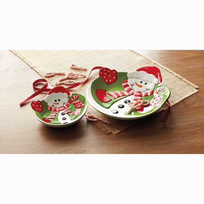 Set of 2 Merry Snowman Serving Dishes, , large