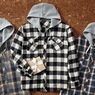 Men's Flannel with Fleece Hoodie, White Black Buffalo, large
