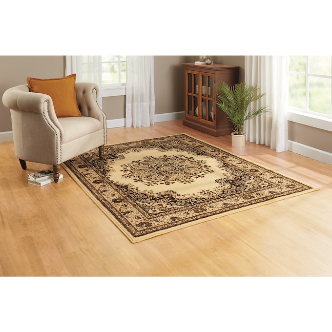 4-Piece Plush Floral Kirman Rug Set with Runner and Mats, Ivory, large