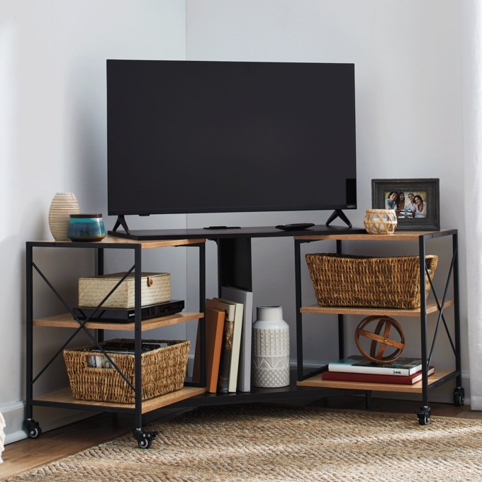 Expandable Rotatable Powered TV Stand, Brown, large