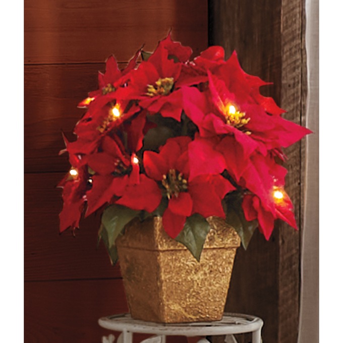Lit Faux Poinsettia Plant In Pot, , large