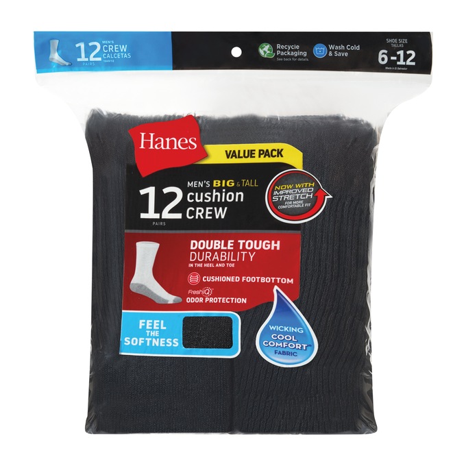 Men's 12-Pack Cushion Crew Sock, Black, large