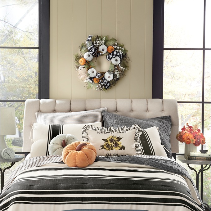 White Velvet Pumpkin Wreath with Buffalo Plaid Bow, , large