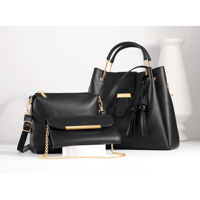 Cilia 3-Piece Faux-Leather Satchel, Crossbody & Clutch Purse Set with Adjustable Strap for Women, , large