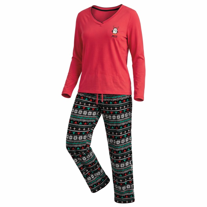 Jolly Penguin Holiday PJ Set with Embroidered Top, , large