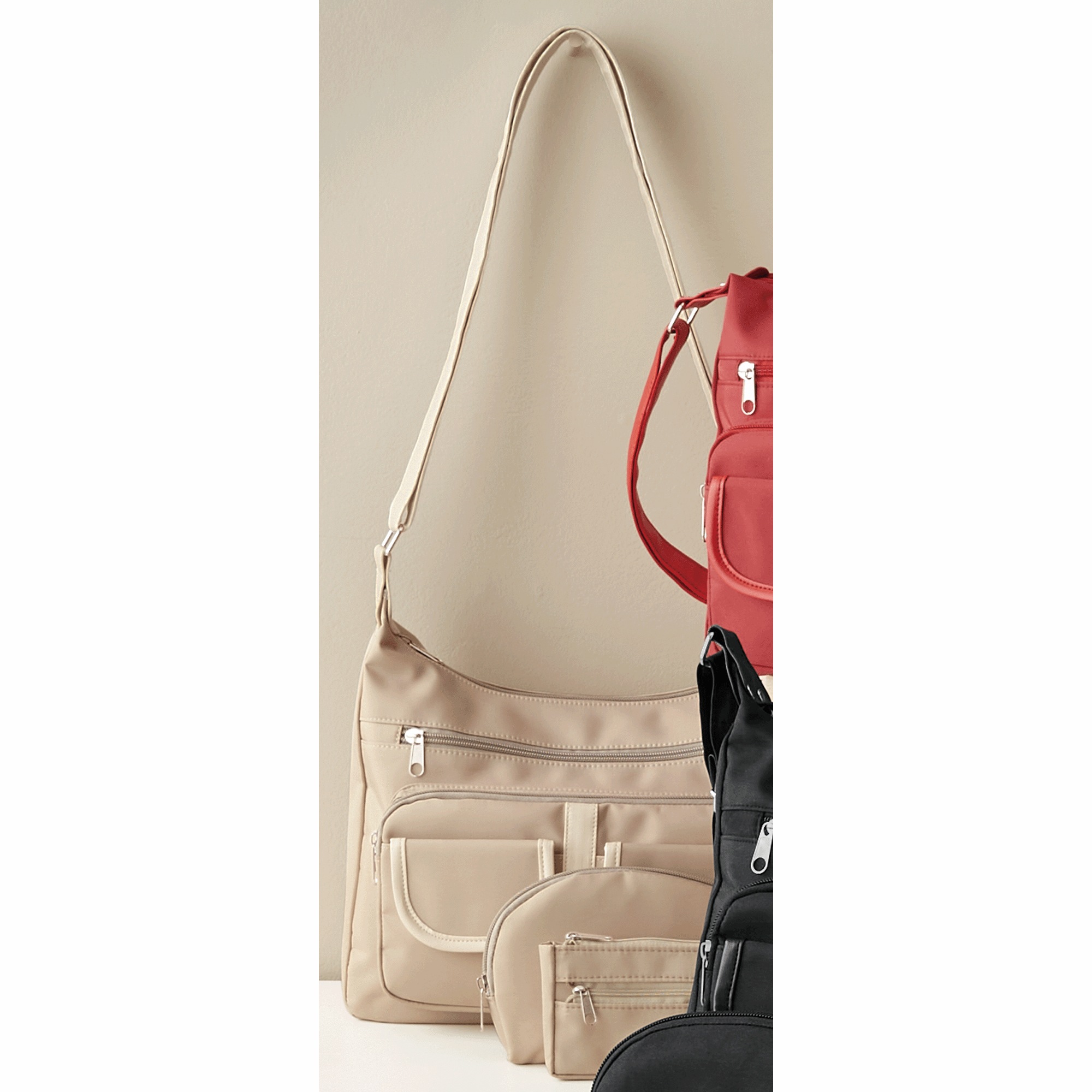 3-Piece Multi-Pocket Satchel Set, Tan, large