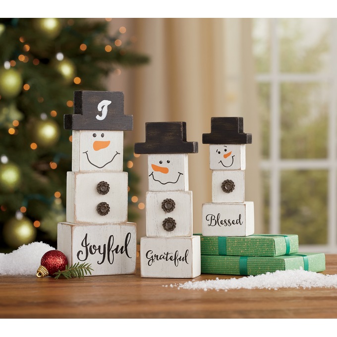 Set of 3 Wooden Snowmen, , large