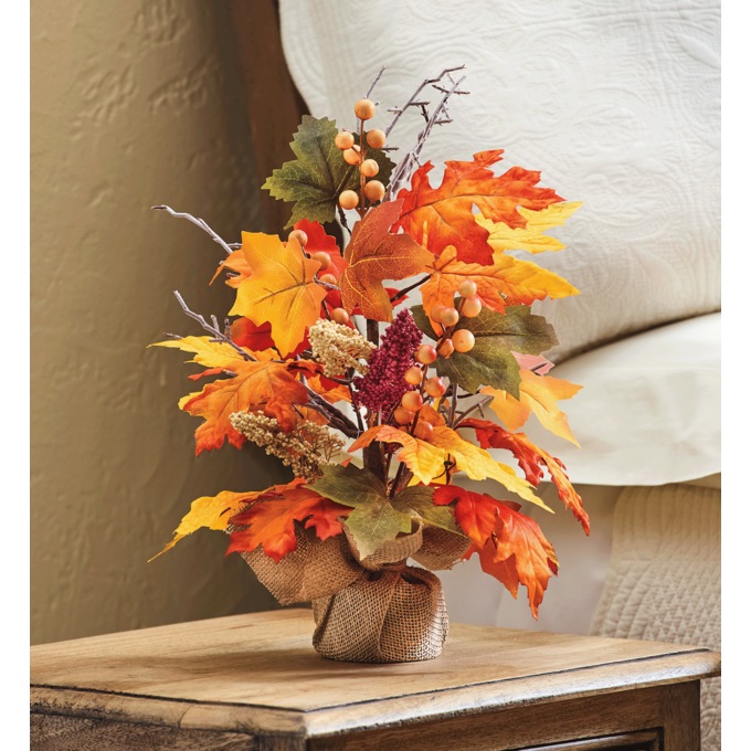 Maple Leaf Arrangement in Weighted Burlap Base, Multi, large