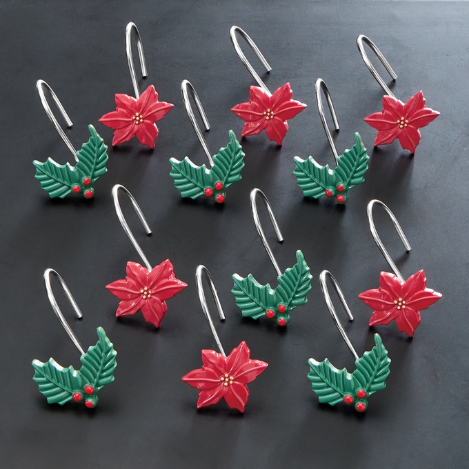 Set of 12 Poinsettia and Holly Berry Shower Hooks, , large
