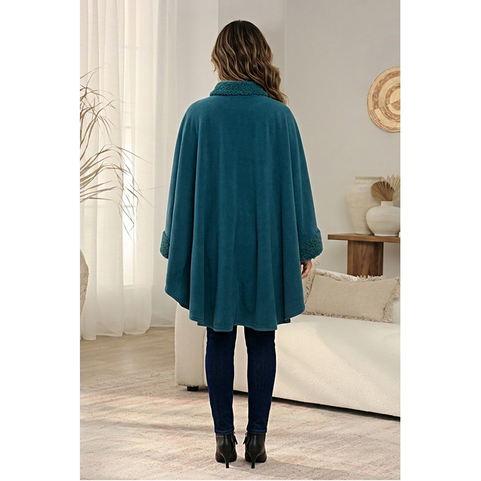 Sherpa-Trimmed Matching Fleece Cape with Gloves, Teal, large