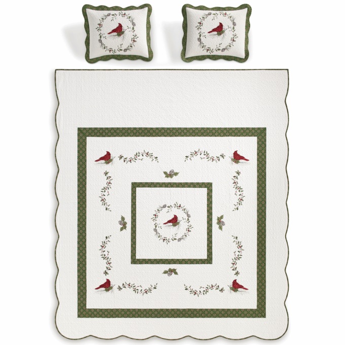 Cardinal Embroidered Hand-Pieced Quilted Bedspread, , large