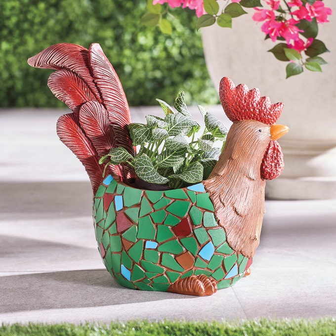 Mosaic Rooster Planter, , large