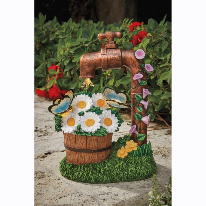 Solar Water Faucet and Flowers in Pot Statue, Multi, large