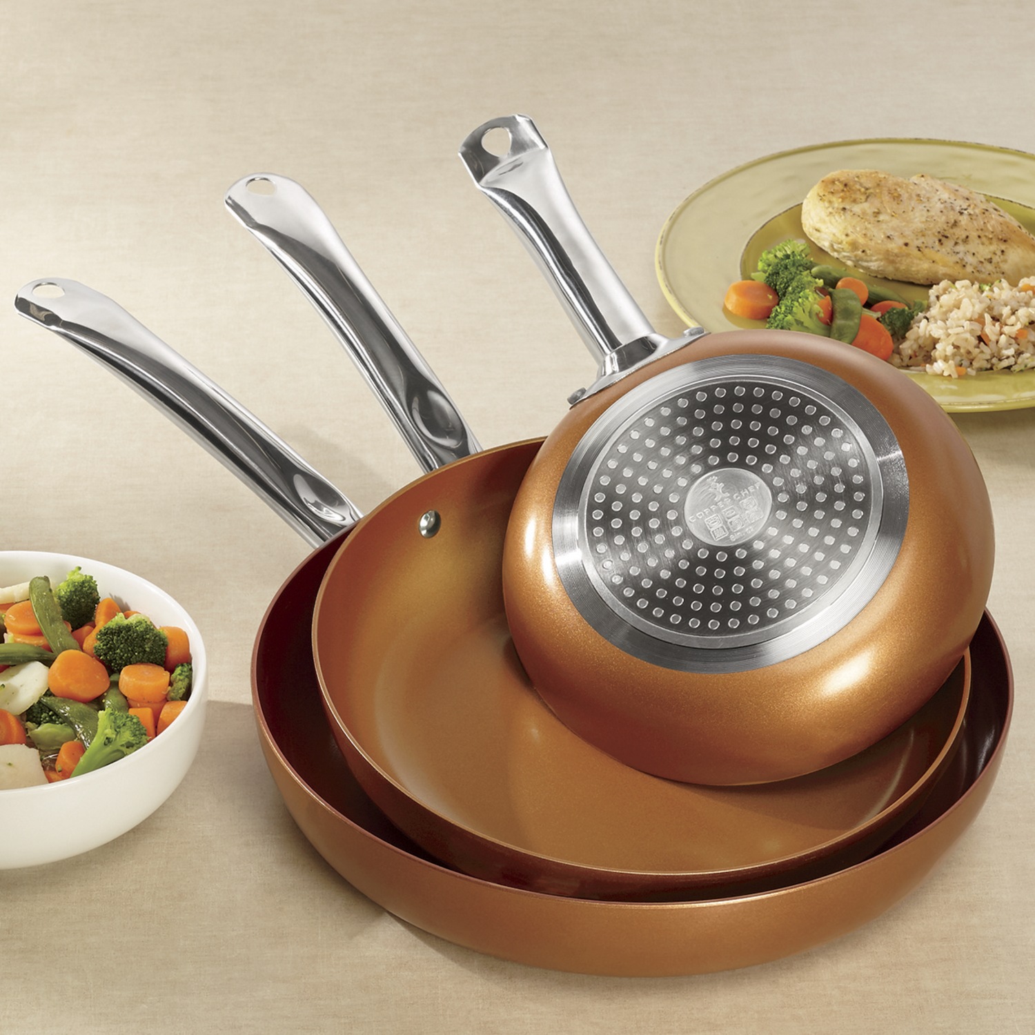 Set of 3 Round Copper Fry Pans by Copper Chef | Ginny's