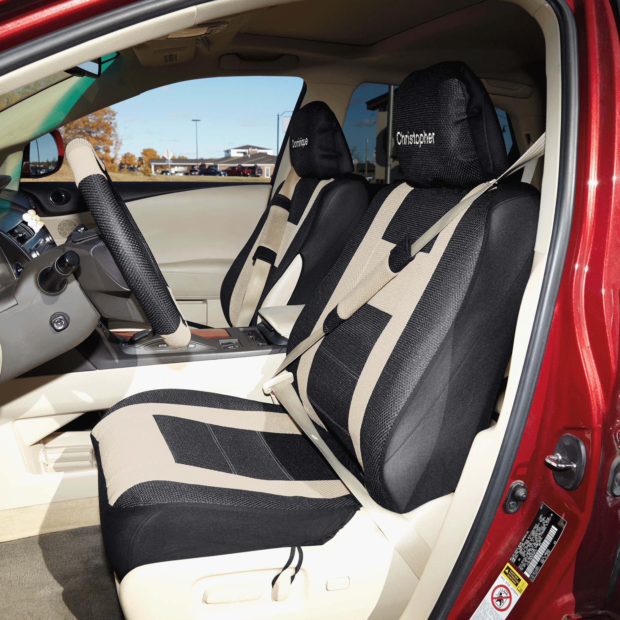 14-Piece Car Seat Cover Set - Universal Fit with Steering Wheel and Belt Covers, Tan, large