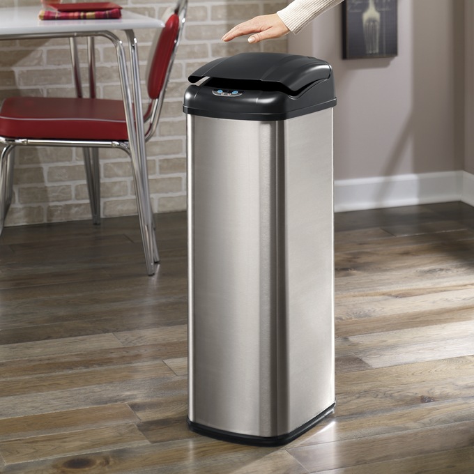 Auto-Open Brushed-Finish Trash Bin, Silver, large